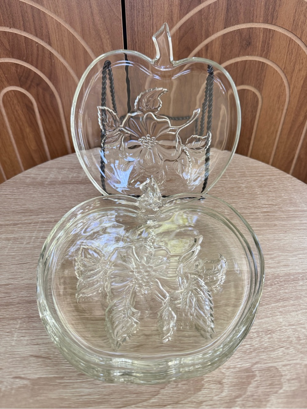 Vintage Hazel Atlas Clear Glass Apple Shaped Dishes Apple Blossom pattern